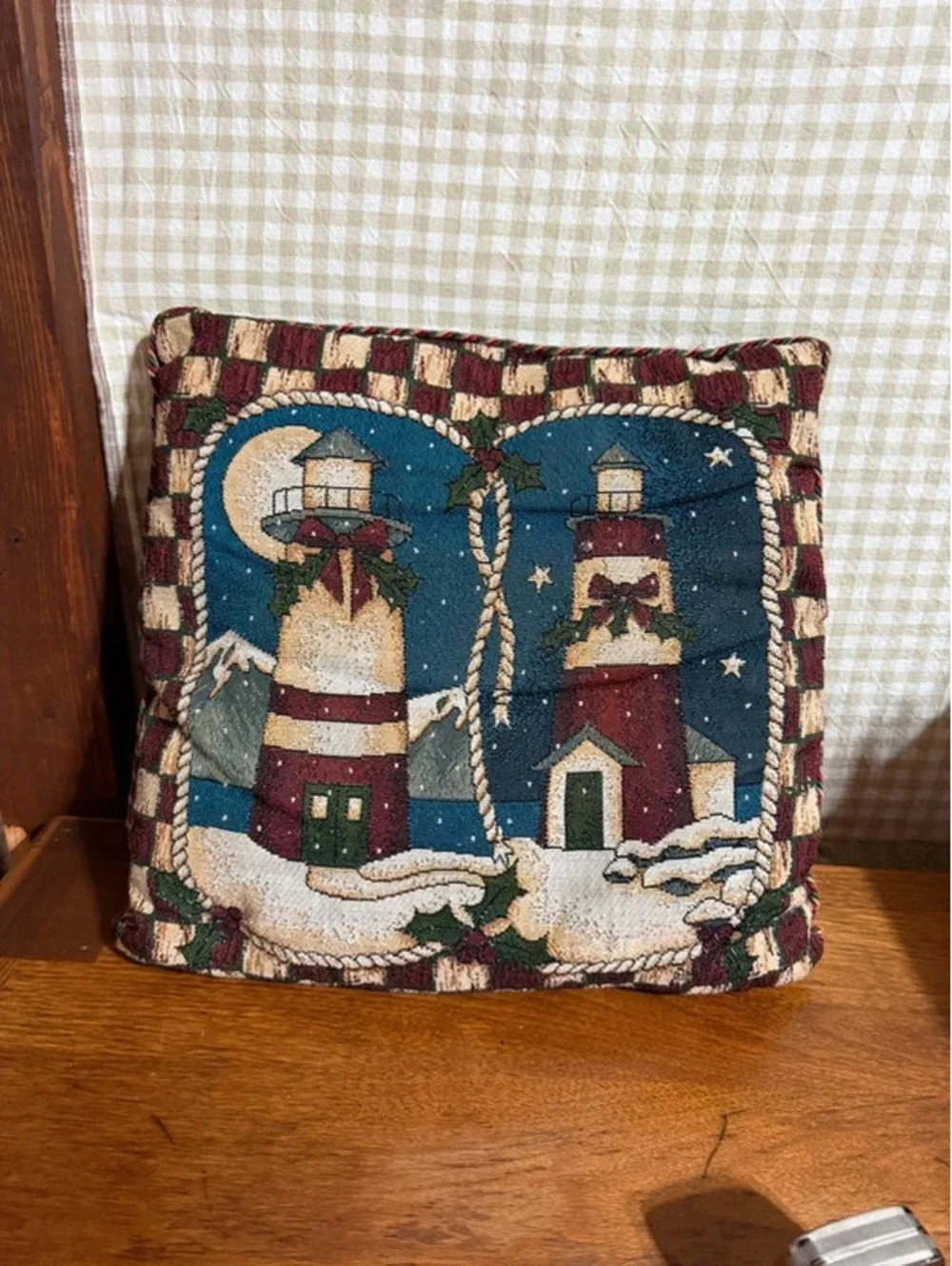 Vintage Mohawk Home Tapestry Throw Pillow Christmas Lighthouse Winter Scene